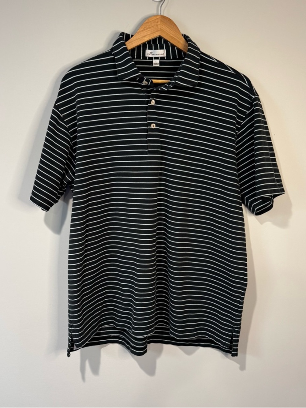 Peter Millar Men's Large Crown Sport Polo Shirt Black & White Stripe Preppy Golf